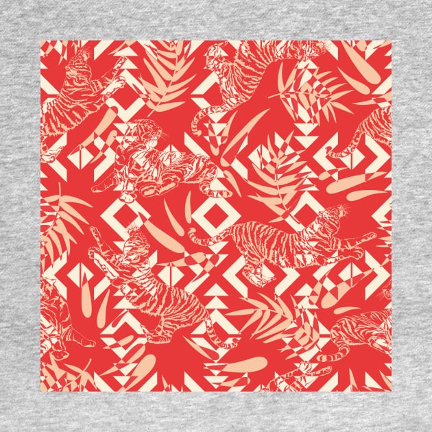 Tigers and Leaves with Tribal Shapes in Red by matise
